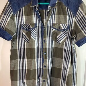 Mondo short sleeve Casual Plaid Button-Down Shirt in Blue and Green